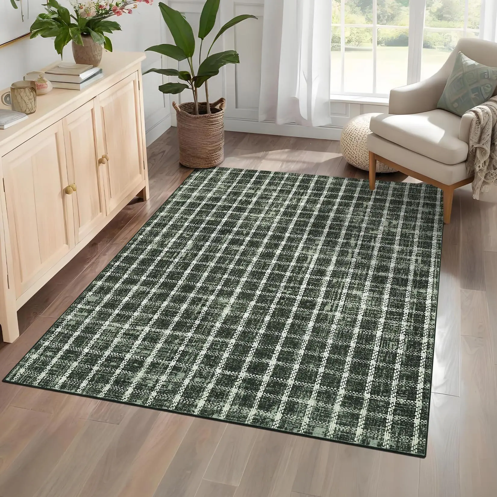 6x9 Indoor Plaid Runner Rug - Modern Farmhouse Geometric Checkered Faux Wool Fibers, Lightweight, Ultra-Thin, Durable, Machine Washable, Stain-Resistant, Non-Slip, Foldable Throw Carpet for Home Kitchen