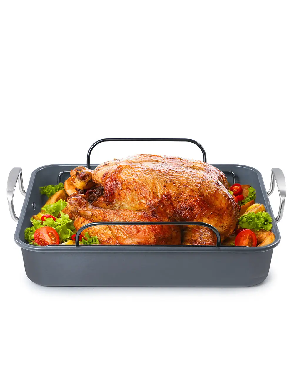 BLACK+DECKER Large Turkey Roasting Pan with Rack, 0.8mm Carbon Steel Baking Pan with Ceramic Non-Stick Coating, Cooking Pan for up to 24 lb. Turkey, U-Shaped Rack Included, Stainless Steel Handles