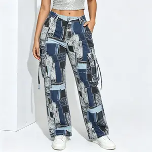 Patchwork Fitted Maxi Cargo Jeans Women's Edgy Bottoms Statement Streetwear Beach Zipper Button Wide Leg Colorblock Design