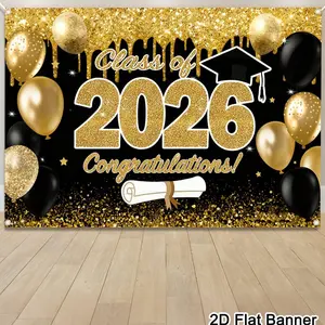 1Pc Graduation Banner Background, Graduation Theme, Class Of 2026 Congrats Grad Pattern Backdrop, Black Gold Background Cloth, Indoor Outdoor Wall Decor, Graduation Decorations 2026 High School College Party Supplies, Room Home Decor