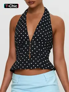 Women's Polka Dot Print Open Front Crop Tank Top, Casual Fitted Sleeveless Cropped Top for Summer, Women's Clothing for Daily Wear