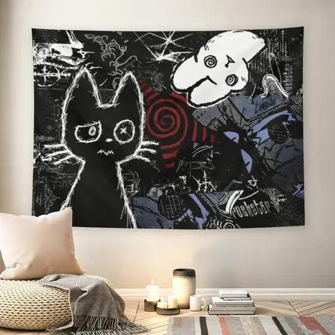 Grunge Black Cat Collage Wall Flag - Tapestry Wall Hanging, Alternative Art Print, Mid-century Modern Black Flash Manga Style, Emo Aesthetic, For Adult Fans, Living Room, Bedroom, Dark Vibe Decor