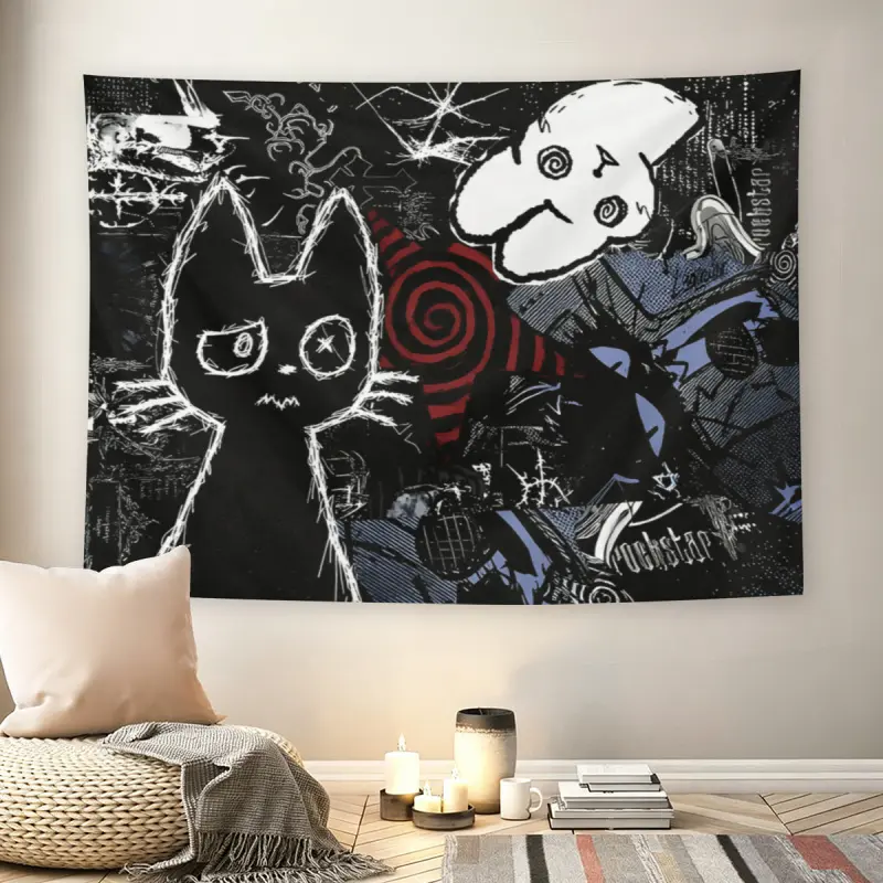 Grunge Black Cat Collage Tapestry Wall Hanging - Polyester Classic Tapestry Wall Mural, Alternative Art Print, Mid-century Modern Black Flash Manga Style, Emo Aesthetic, Adult Fans' Animal Room Decor, Machine Washable Living Room Accent