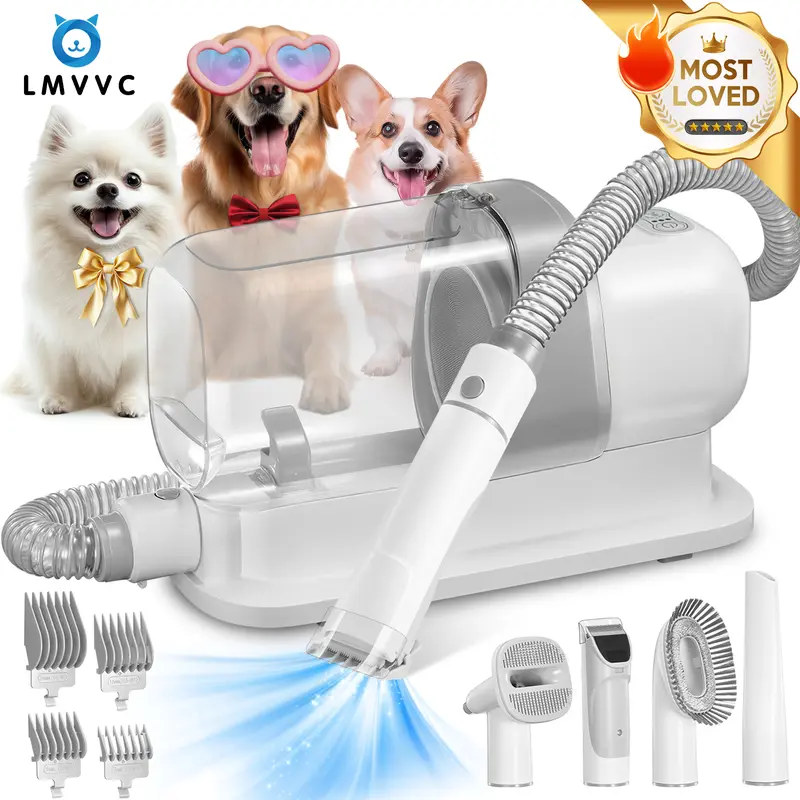 LMVVC 5 In 1 Pet Grooming Vacuum Kit for Dogs & Cats, Stainless Steel Clippers with Guards, 2.3L Suction, Low-Noise Electric Groomer, Hose, Slicker Brush, Comb, Universal Power Supply, 99% Hair Capture, Easy to Use, 3-Year Guarantee