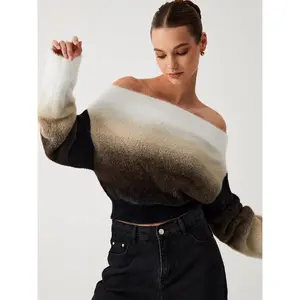 Dawn Ombre Fuzzy Off Shoulder Crop Sweater