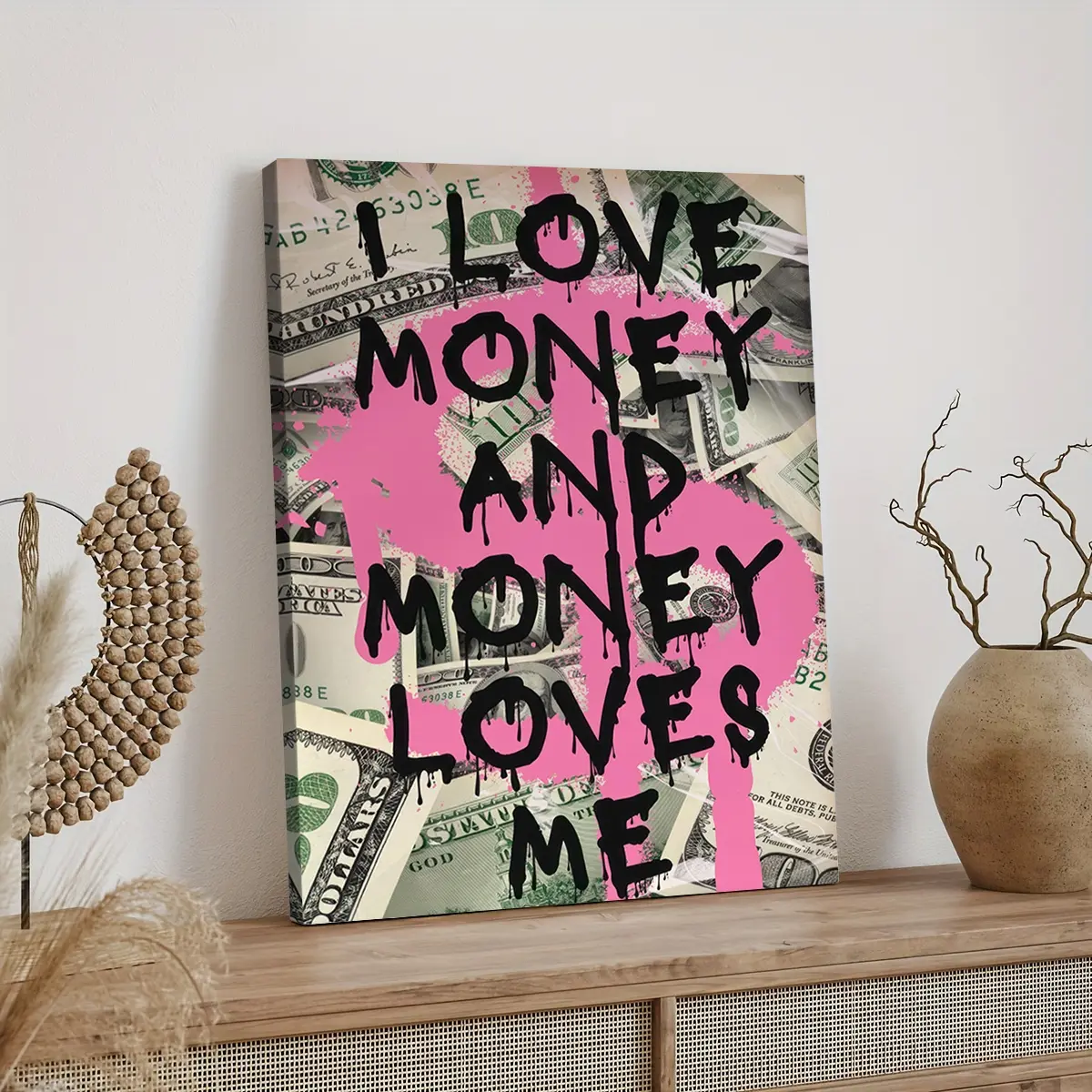 1Pc Optional Frame Pink Money Quote Canvas Poster, Quotes Print, Funky Preppy Money Motivational Wall Art, Artwork, I Love Money And Money Love Me, Wall Painting For Gift, Home, Office, Dormitory Decoration, Home Decor Accessory, Decoration Items