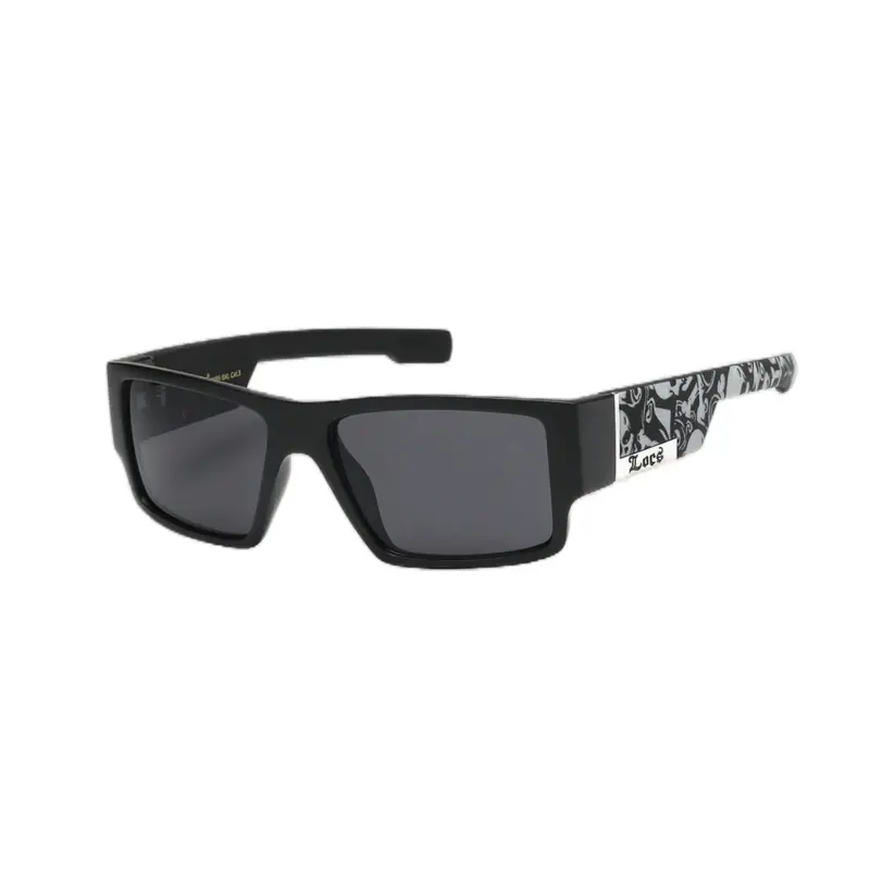 LOCS Men's Phantom Skull Matte Black Hardcore Cholo Shades with Silver Accent, Full Frame, Square Skull & Bones Temple Wrap, 100% UV Protection