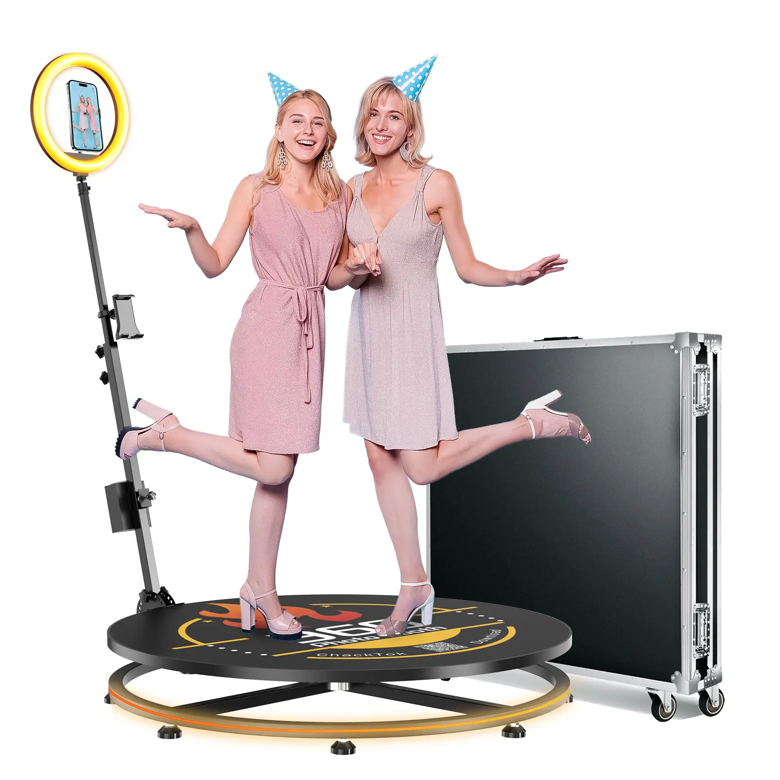 OHYEAHSPIN 360-Degree Photo Booth Machine with Ring Light, Flight Case, Colorful Accessories, Handheld Button - Free Custom Logo, Remote/App Control for Smartphones, Cellphones, Mobile Selfies, Slow Motion Weddings, Parties