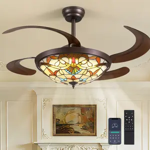 Brown Tiffany Chandelier Fan, Dimmable, Retractable, Remote/ Bluetooth APP Control,Smart Ceiling Fan with Light for Bedroom, Dining Room, Hotel, and Lobbies (48"/52") outdoorfun