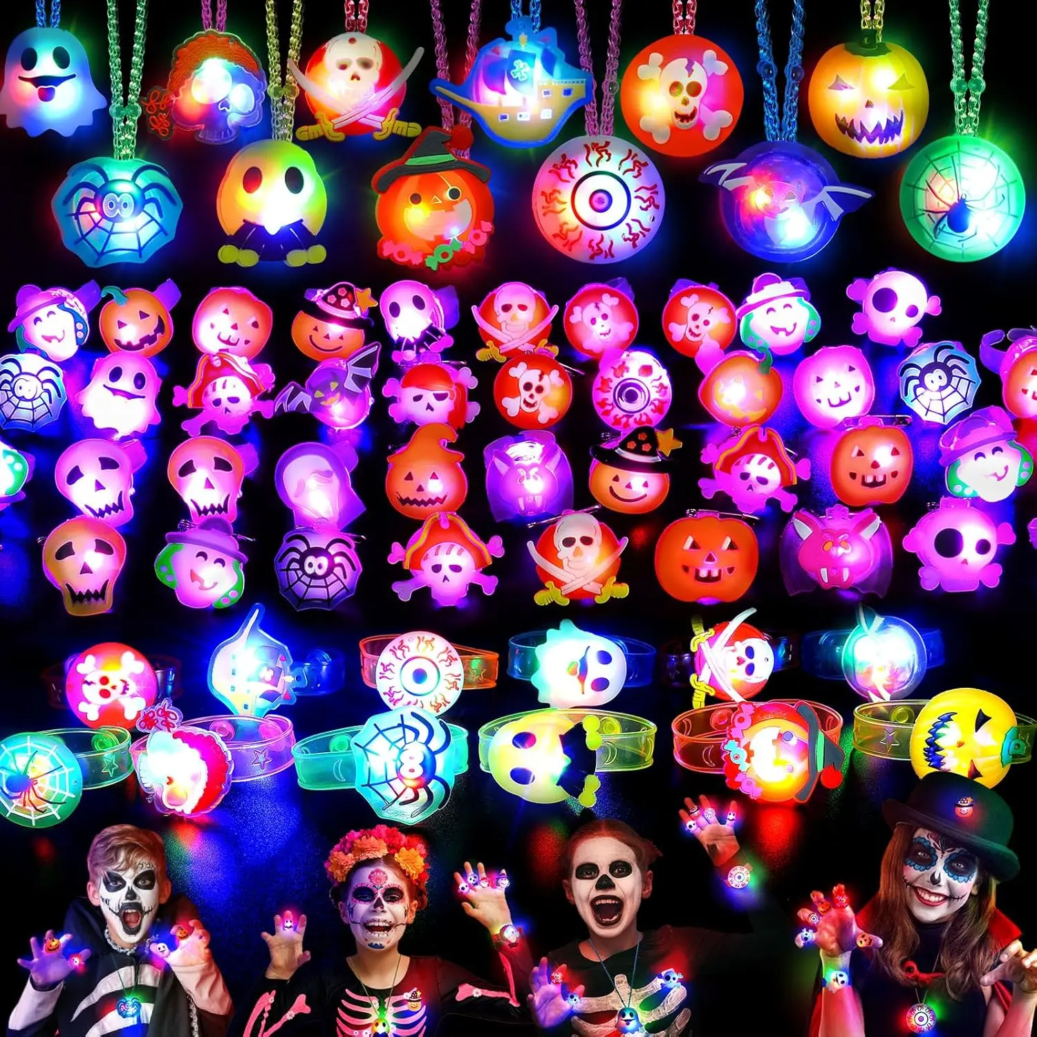 85PCS Halloween Party Favors Bulk for Kids Glow in the Dark Toys Set with 50 Rings 20 Brooches 7 Necklaces & 8 Bracelets Halloween Goodie Bag Stuffers Trick or Treat Toys Halloween Party Supplies