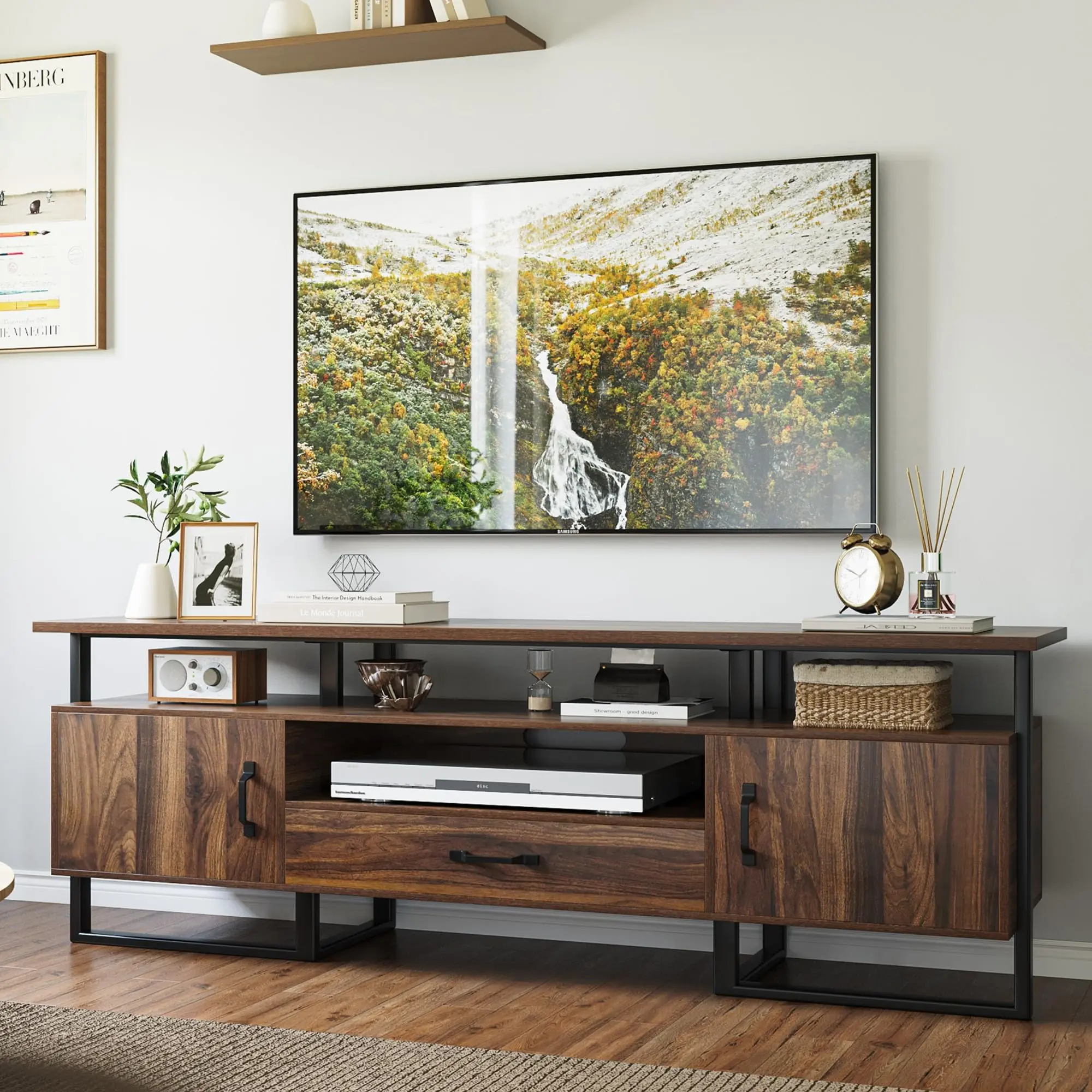 【GARVEE】Mid Century Modern Entertainment Center with Storage and Drawer, Industrial Style Media Console Cabinet for Living Room, Fits up to 75 Inch Screens, 70" Rustic Brown TV Stand