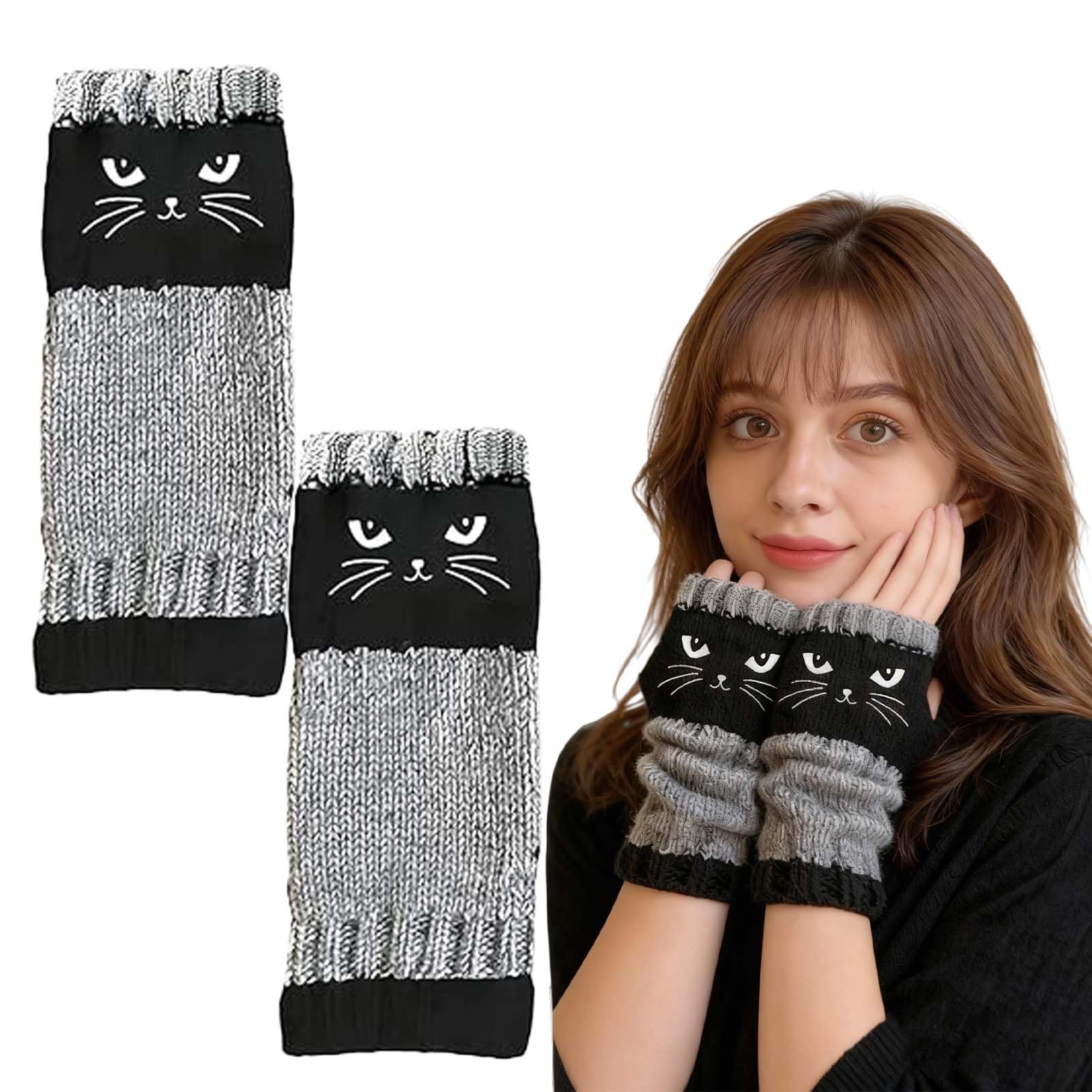 [Buy One Get One Free] These ladies' knitted fingerless gloves with cute cat embroidery patterns are comfortable and fashionable gloves suitable for casual spring wear and festive occasions.