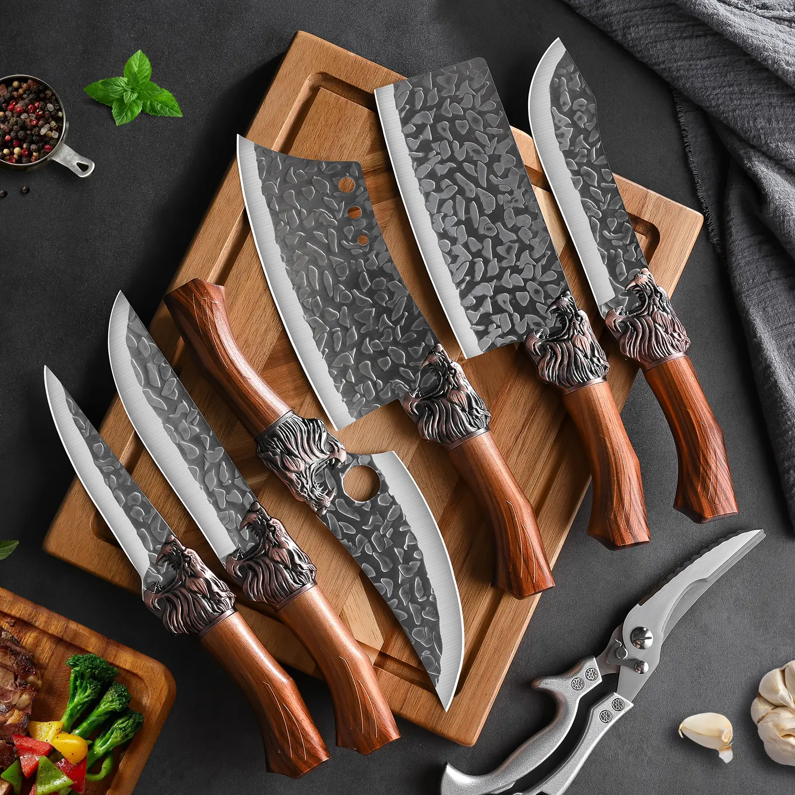 of professional kitchen chef knives, handmade forged stainless steel chef knife, multi-functional knife, boning knife, extremely sharp kitchen scissors, fish cutting knife, and butcher knife. Mother's Day gift. Dragon Meat Utensil 7Pcs Meatcleaverset Kitc