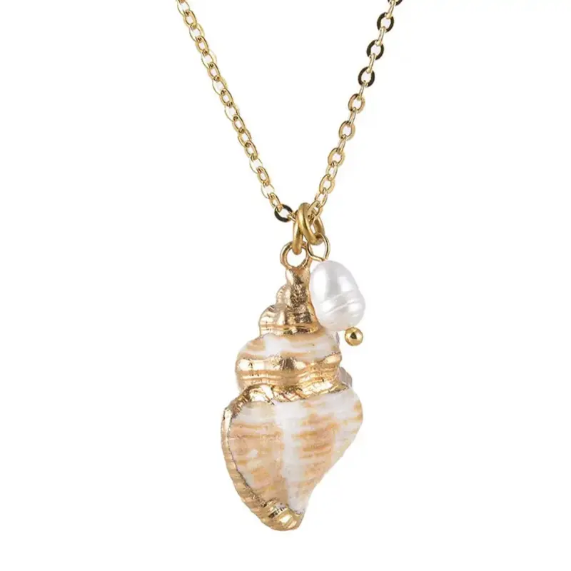 Coastal pearl necklace - gold dainty chain necklace with gold seashell and pearl pendant.
