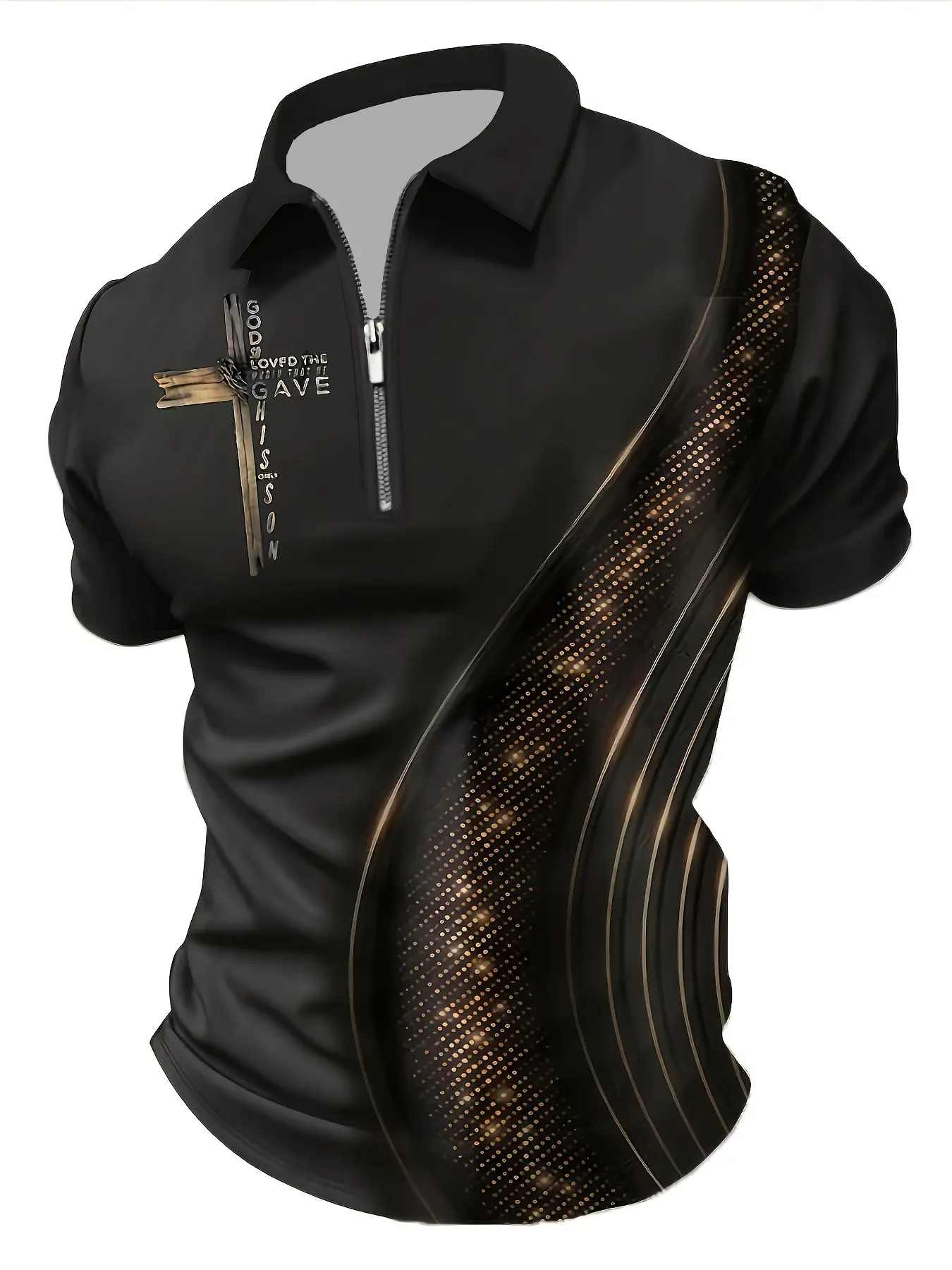 Men's Zip-up Polo Shirt with Black Gold Cross Line Print, Light Luxury Business Casual Style, Zipper Polo Shirts