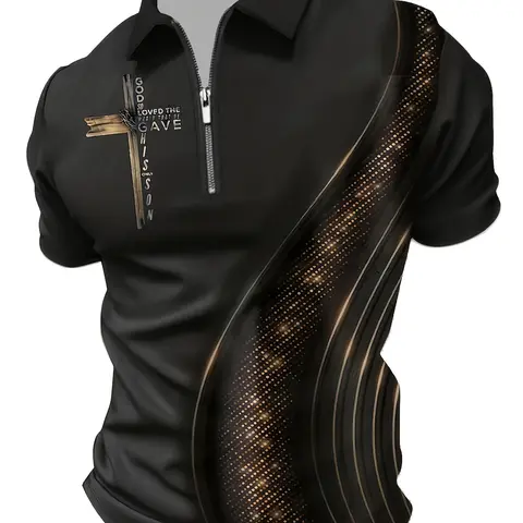 Men's Zipper Front Short Sleeve with Cross Pattern, Business Casual Style Top, Printed Shirts