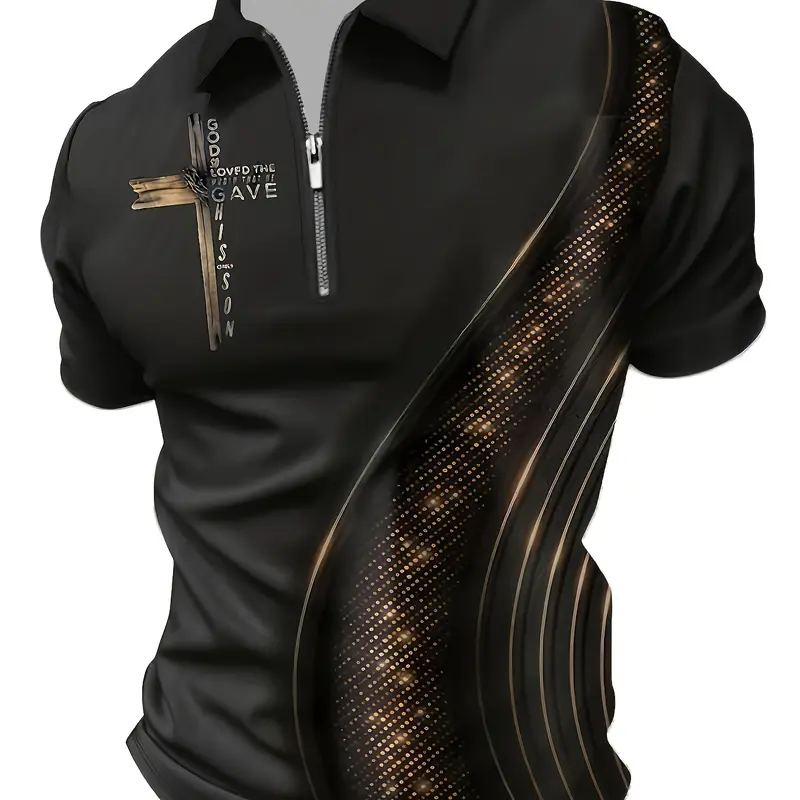 Men's Zipper Front Short Sleeve with Cross Pattern, Business Casual Style Top, Printed Shirts