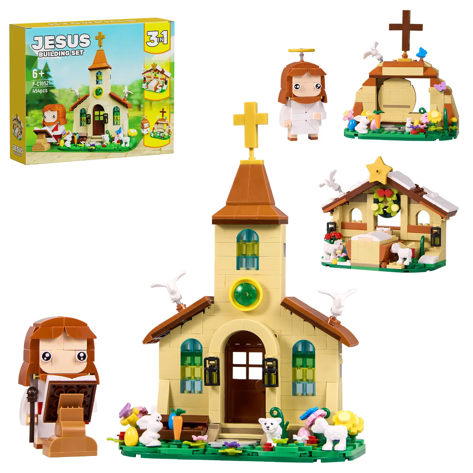 Jesus 3 in 1 Building Block Toy Set Compatible with Lego, Nativity Scene Church Missionary and Resurrection, Religious Cross Jesus Figure Christmas, Christian Catholic Gift for Adults Kids (454PCS)