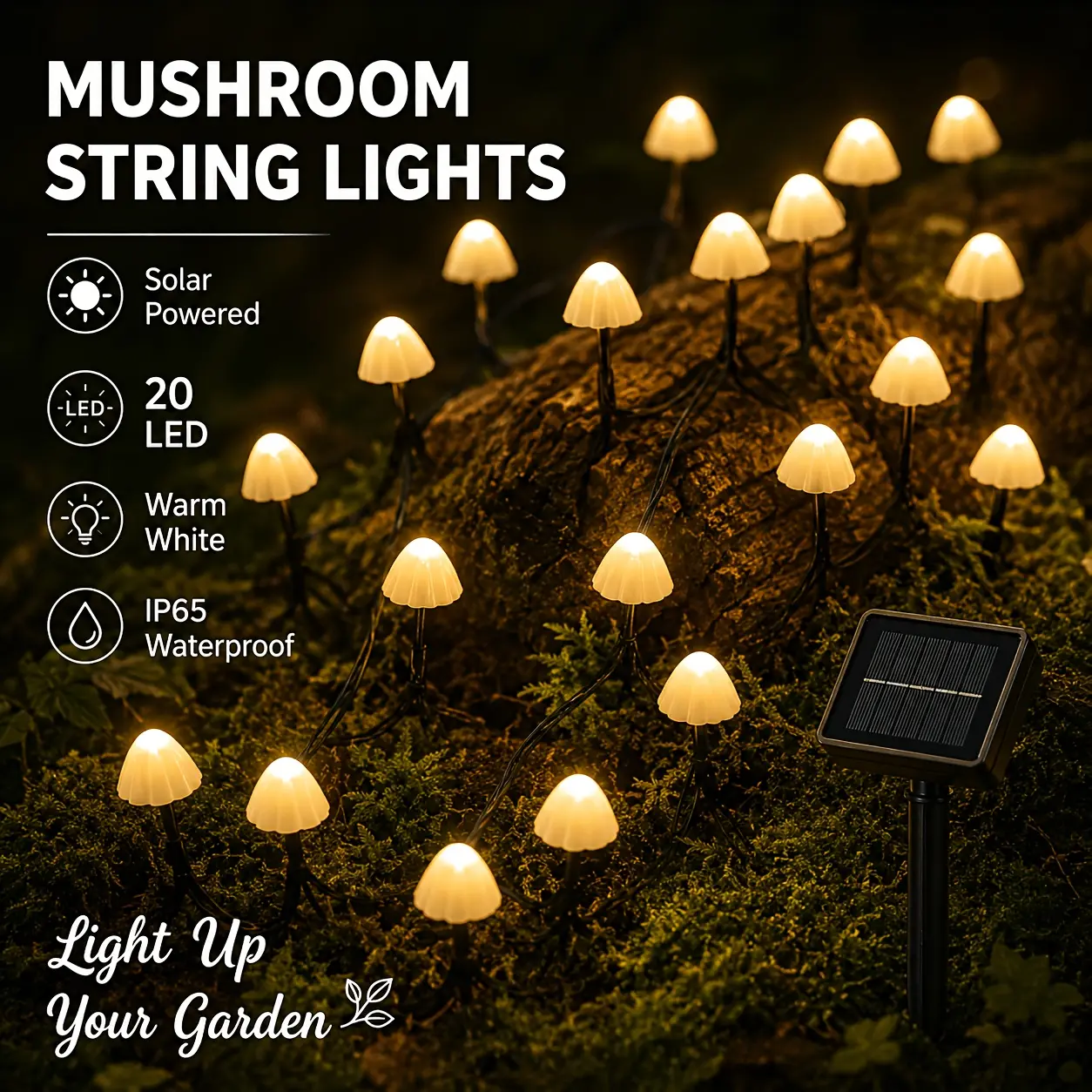 Mushroom Shape Solar Light Strip with 20 LEDs - Plastic Body, IP65 Waterproof, Warm White, 8 Flashing Modes, Easy Installation, Solar Outdoor Lights for Garden Decor (Outdoor Lighting, Courtyard Path)