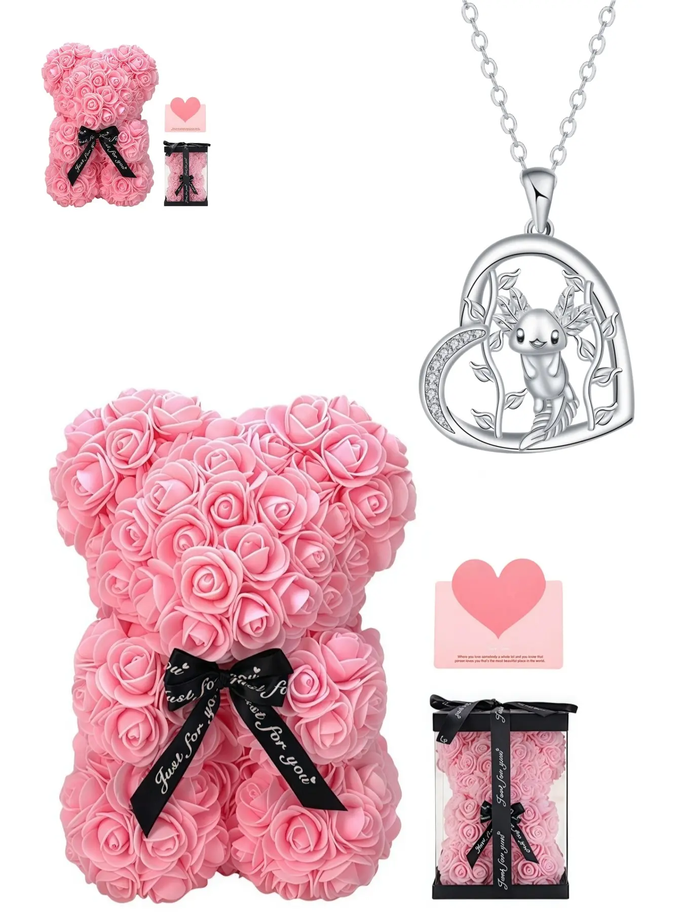 Heart Moon Salamander Spirit Silver Overture Original cute animal pendant gem necklace, Necklace for daughter, comes with preserved rose & teddy bear jewelry gift box, perfect gift for birthdays, Valentine’s Day, Mother’s Day and Christmas