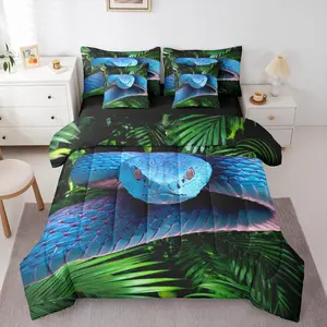 Feelyou 7-Piece Snake Bedding Set - 3D Reptile Bed Comforter Set with Sheets, Blue Scales Duvet Cover, Palm Leaf Wild Animal Bedroom Decor