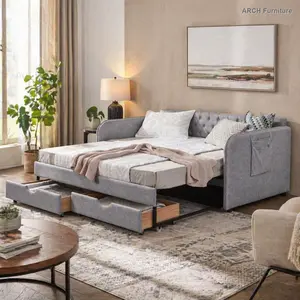 Gray Linen Blend Comfy Gray Sofa Bed - Mid-Century Upholstered Twin Arch Daybed with Flat Arms, 1 Pocket, Trundle, 2 Storage Drawers, Extendable Twin/King Option for Bedroom, Living Room