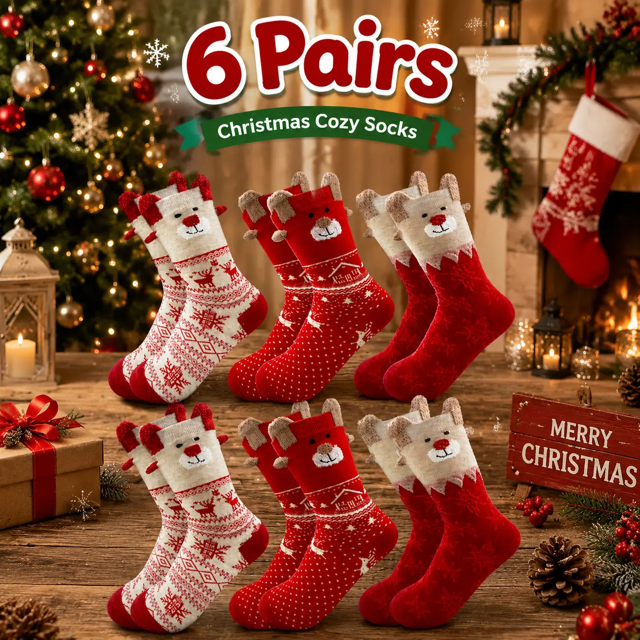 6 Pairs Christmas Reindeer Bear Socks, Cute Cartoon Knit Cozy Warm Winter Socks, Fun Casual Crew Socks, Perfect Holiday Gifts for Family and Friends