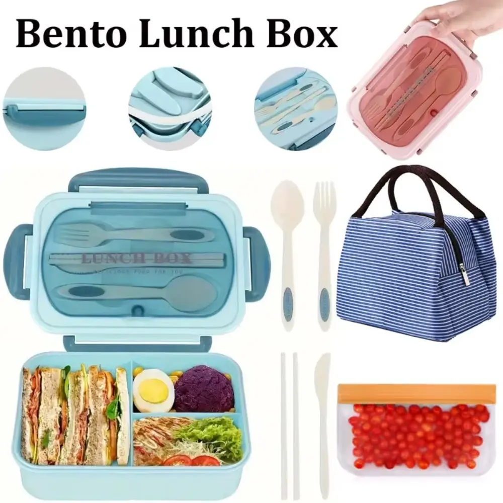 Lunch Box with Tableware for Office Workers Square Divided Microwave Oven Bento Box Leakproof Food Container for Picnic Camping