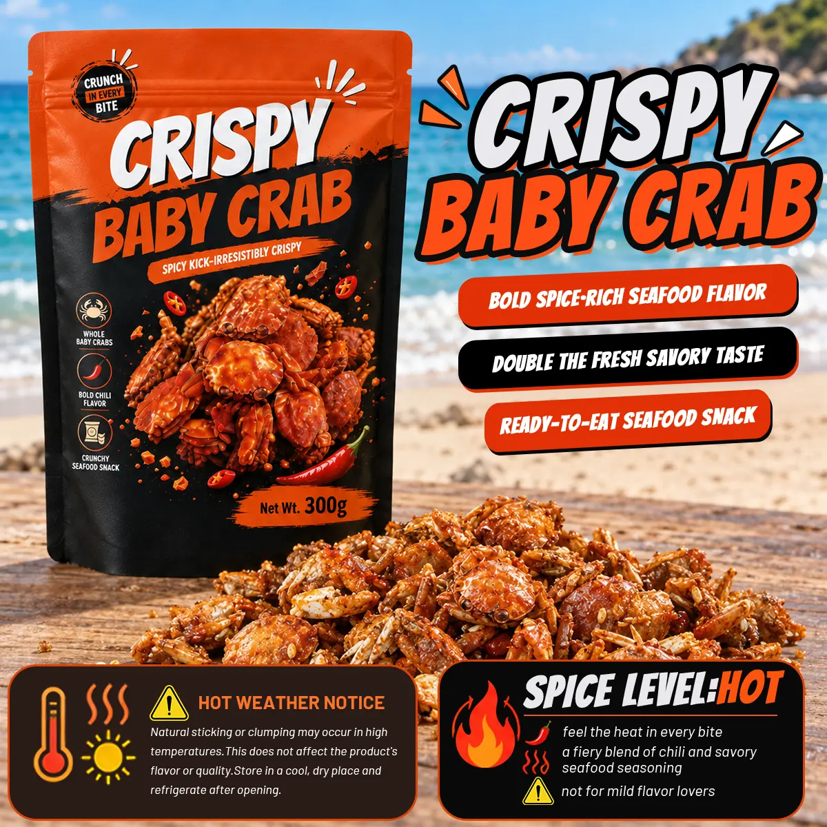 V-Spicy Crispy Crab Snacks, Ready-to-Eat Savory Seafood Bites, Crunchy and Spicy Treat for Movie Night, Parties and Everyday Enjoyment