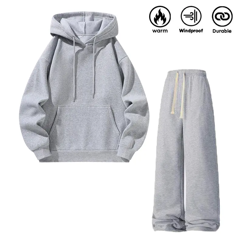 Men’s solid-color fleece athletic set, loose hooded sweatshirt + sweatpants, metal drawstring and kangaroo pockets, street-casual autumn/winter back-to-school outfit, soft and warm two-piece for everyday workouts, top choice for men’s gifts