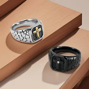 Vintage Creative Cross Exquisite Synthetic Zircon Stainless Steel Men's Ring Hip Hop Punk Daily Wear, Party Jewelry