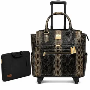 Women's Rolling Briefcase with Wheels, Laptop Compartment - Brown Faux Snake-Print Business Luggage Tote Bag