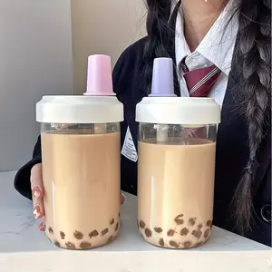 Reusable Plastic Tea Cup with Straw, Portable Heat Resistant Drinkware for Home Use, Eco-Friendly Pearl Milk Tea Mug, Drinking Tumbler