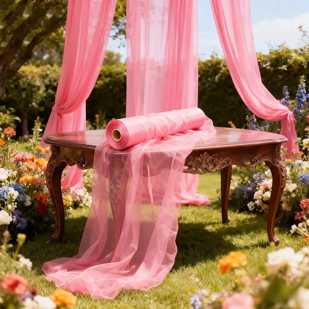 This wedding tulle fabric is lightweight and flowy, suitable for wedding arches, banquet venues, tent decorations, Wedding party decorations, birthday parties, holidays, and ceiling hangings