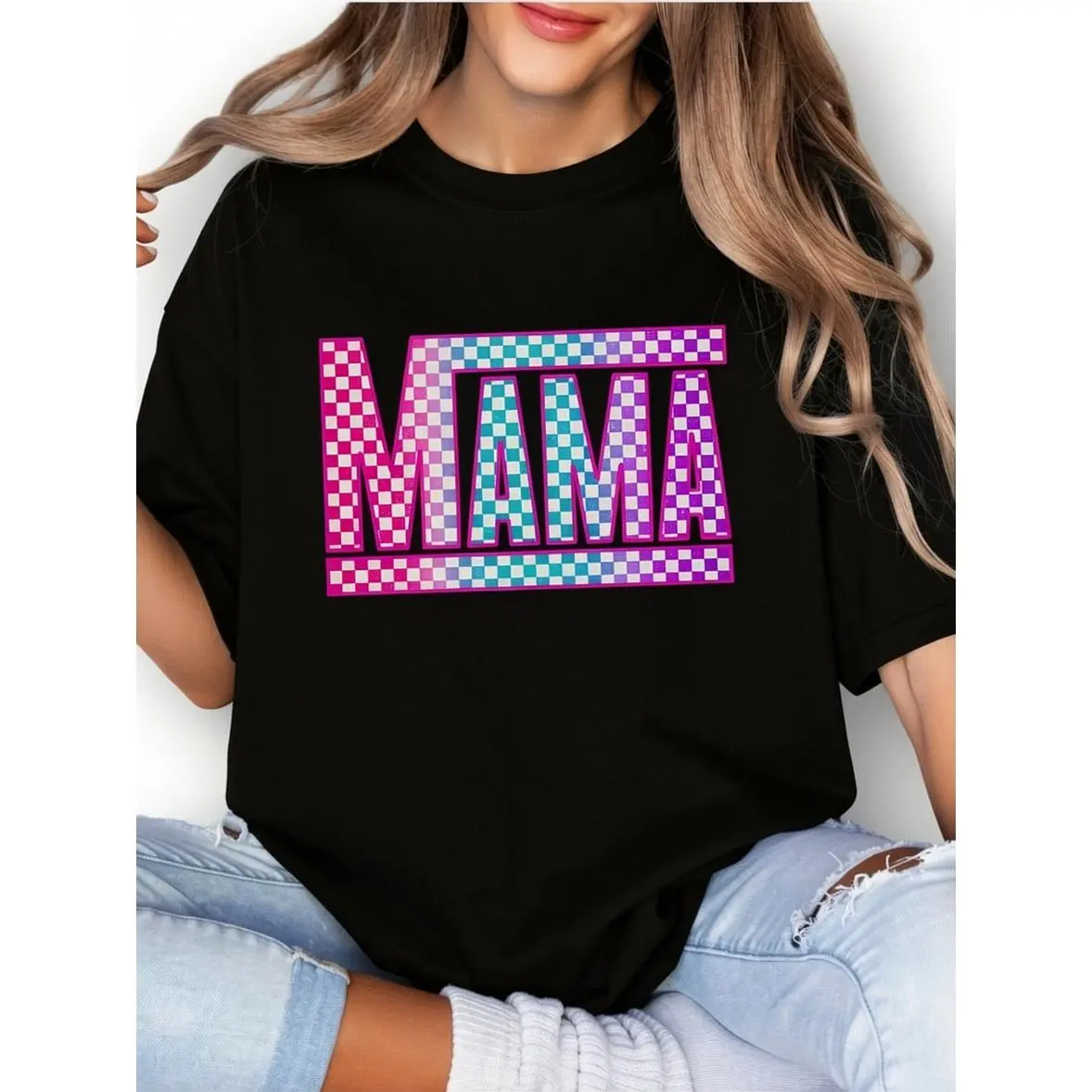 Women's T-Shirt with Checkered Mama Graphic, Casual Short Sleeve Round Neck, Soft and Breathable 100% Cotton