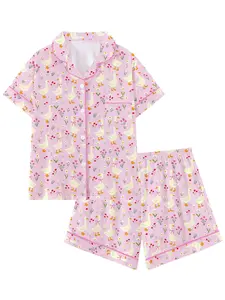 Adorable Goose Butterfly Knot Animal Print Pajama Set, Short Sleeve Loose-Fitting Sleepwear, Loungewear, Pajama Lounge Sets, Pyjamas, Pjs, Comfortable for Home & Travel, Perfect Gift