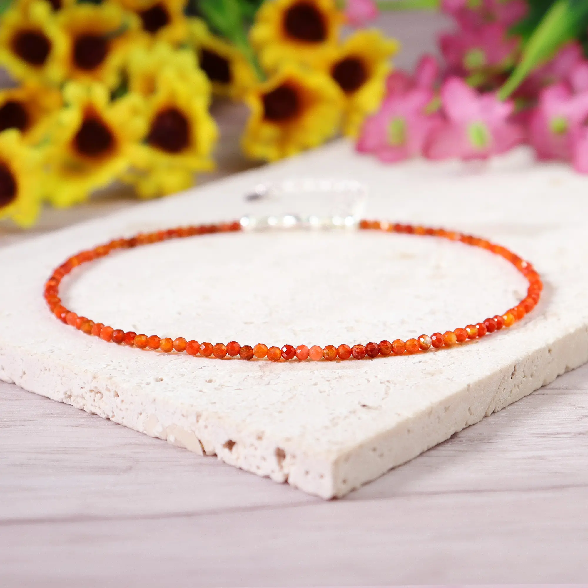 Handmade Natural Solid Carnelian 2mm Bead Ankle Bracelet, Silver Chain Anklet for Women - Healing, Balance, Protection, Natural Crystal Bracelets & Anklets Gifts, Silver Natural Crystal Bracelets & Anklets