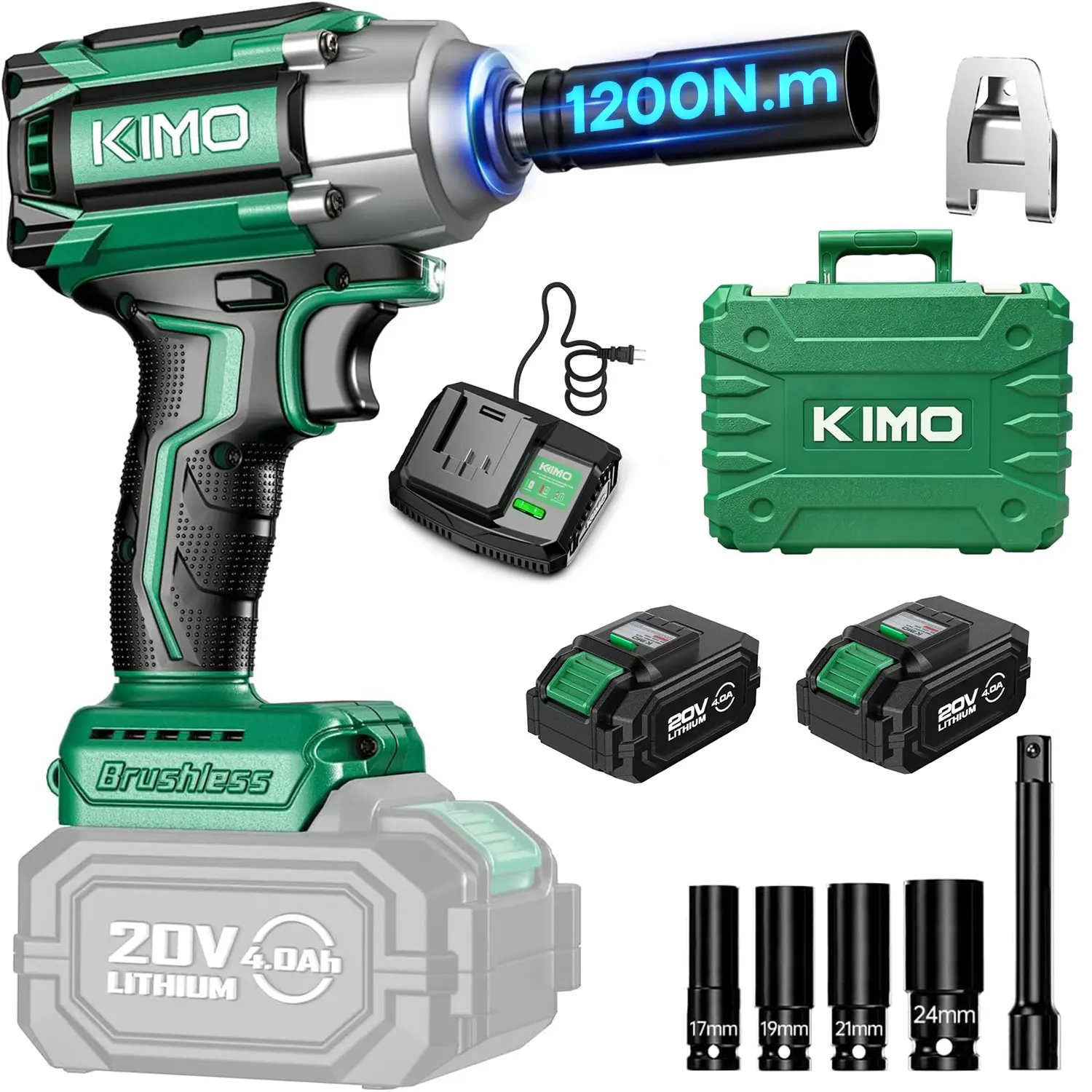 KIMO Impact Wrench 1/2 Inch, 885Ft-Lbs(1200N.m), 4000RPM Brushless Motor High Torque Impact Gun Driver with 4.0Ah Battery, 3 Modes, Variable Speeds, LED Light, Cordless Impact Gun for Car/Truck/Mower