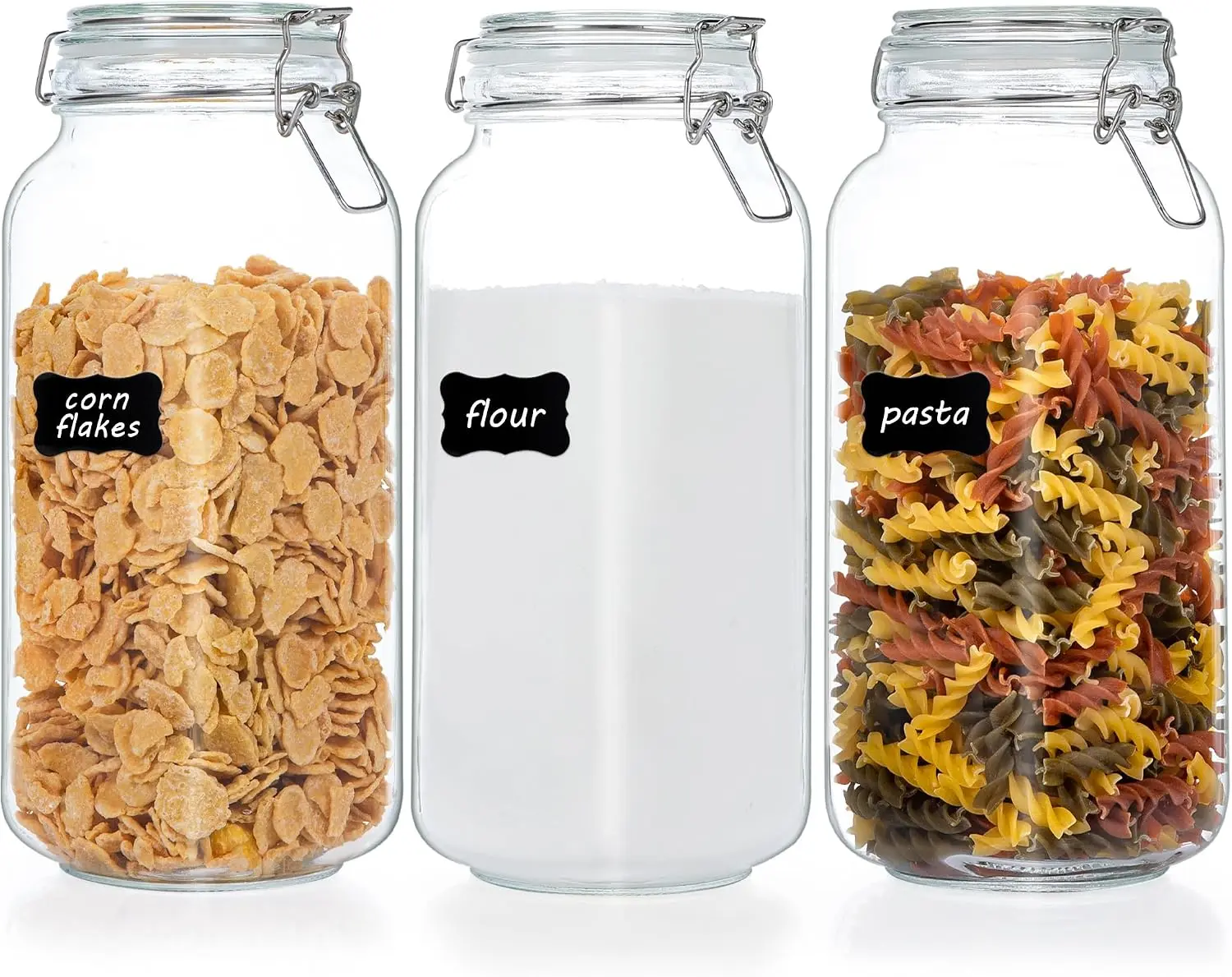3-Pack Large Size Square Shape Silicone Airtight Clamp Lid 78oz Glass Food Storage Jars, Pantry Use Preservation Containers with Freshness Lock & 8 Reusable Labels for Flour, Cereal, Coffee, Bpa Free