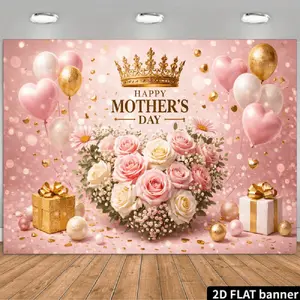 2D Mother's Day Themed Backdrop Banner, Pink Gradient Background with Central Golden Crown, Red Gemstones, Brown "HAPPY MOTHER'S DAY" Text, Golden Light Spots and Balls