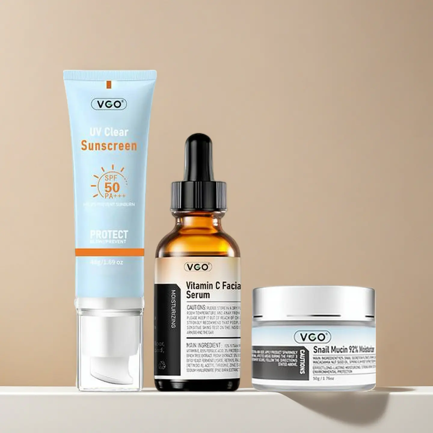 VGO 3 - piece Set: Cover All with Moisture and Sun Protection Snail Cream for deep moisture, VC Serum to revitalize skin, and Sunscreen for strong protection, caring for every inch of skin.