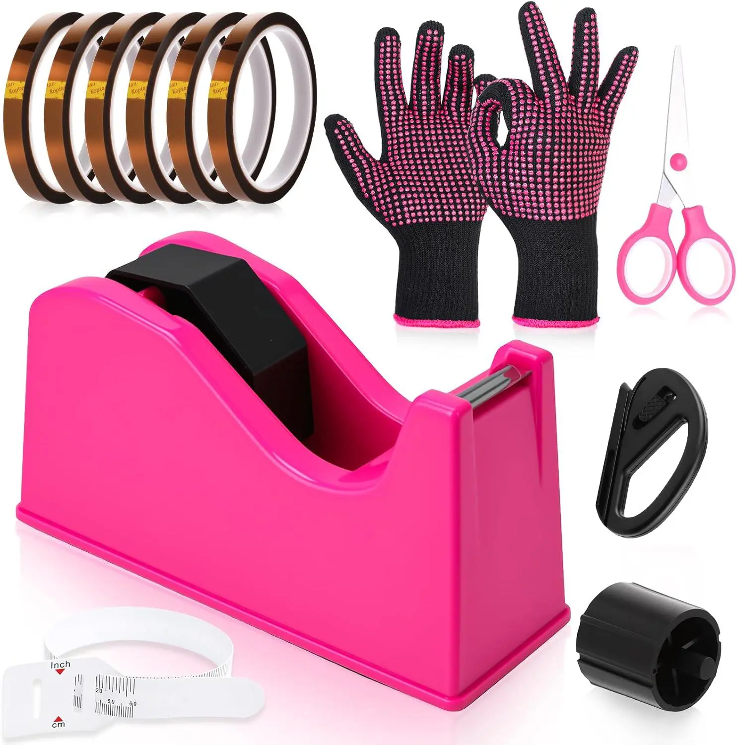 12Pcs Heat Tape Dispenser Set, Sublimation Tape Dispenser Heat Resistant Gloves with Silicone Bumps 6 Pcs Heat Tape for Sublimation Mini Cutter Measuring Ruler Scissor for Office Home, Pink - Home Improvement.