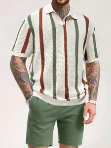 Men's Striped Print Short Sleeve Top & Shorts Two-Piece Set, Casual Fashion Cozy Breathable Top & Shorts for Summer, Men Two-Piece Outfits for Beach Vacation