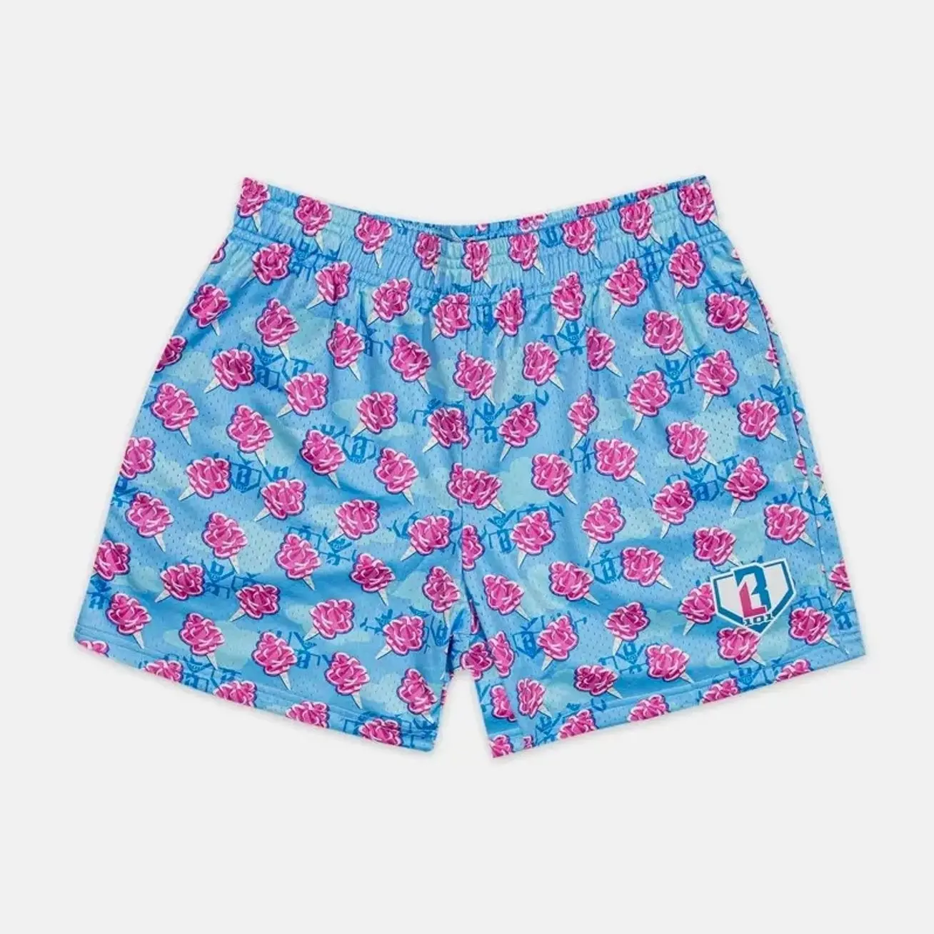 Home Run Sugar Youth Shorts, Pink Cotton Candy Graphic Sky Blue Mesh Shorts, Junior Summer Baseball Practice Trunks, High School Fun Sports Apparel, Youth Breathable Basketball Activewear, Student Gym Clothes
