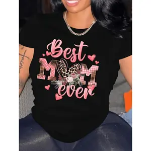 Heart Print Crew Neck T-Shirt, Casual Short Sleeve T-Shirt For Spring & Summer, Women's Clothing