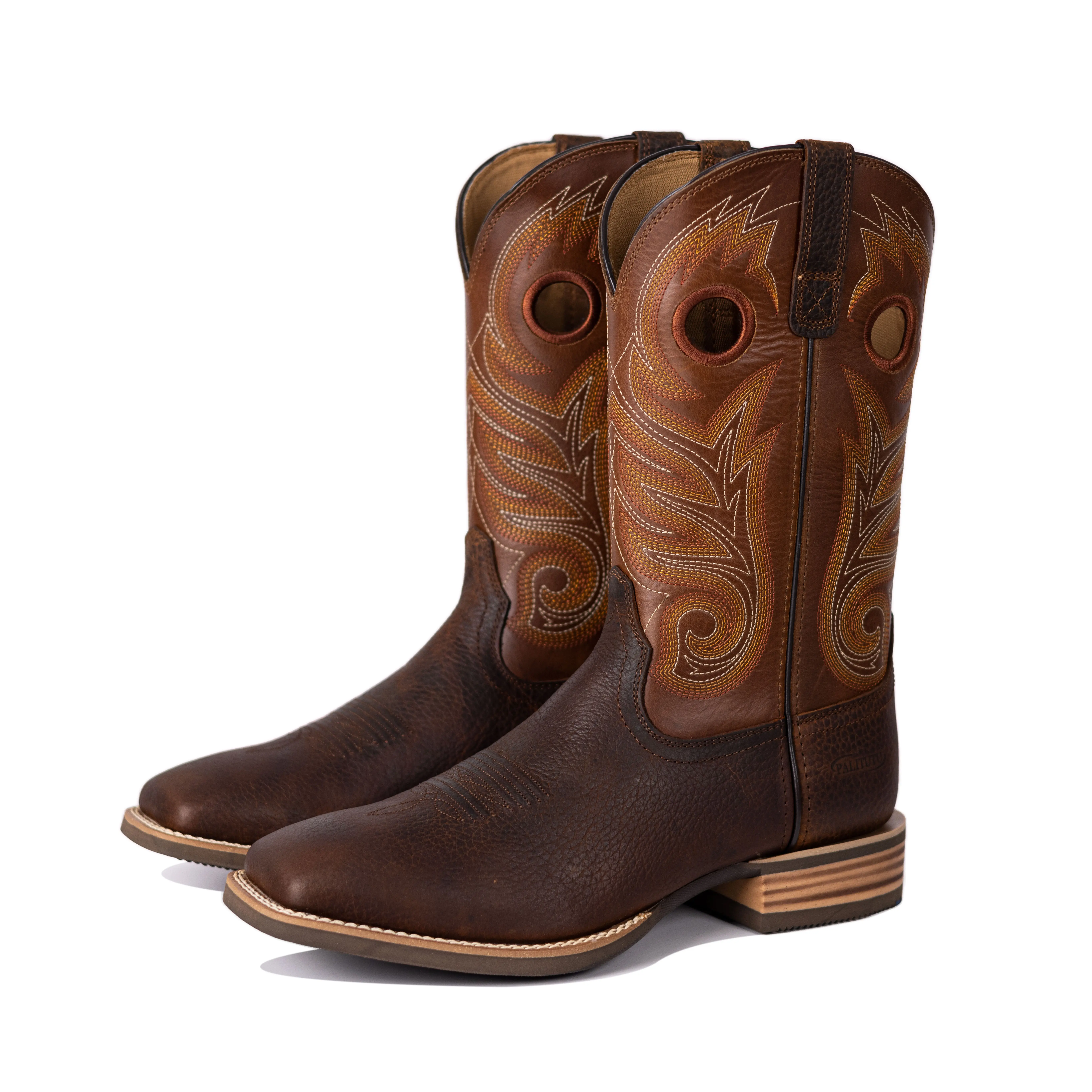 Palitutu Men's Brown Leather Western Cowboy Boots with Floral Design, Comfortable and Durable Classic Boots for Farming, Outdoor Activities and Everyday Wear [103615]