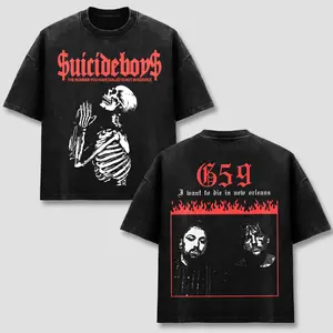 $uicideboy$ T-Shirt, G59 I Want To Die In New Orleans Tee, G59 Skeleton Praying Graphic Top, Vintage Acid Wash Black Oversized Shirt, Retro Hip Hop Rap Merch, Goth Streetwear, Men Women Short Sleeve Heavyweight Cotton Wear