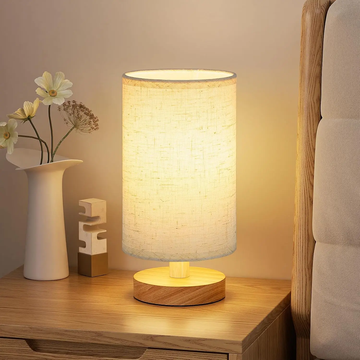 Small Bedside Table Lamp for Bedroom, Warm LED Desk Lamp with Inline Control, Cream Fabric Shade & Wood Base, Nightstand Light for Kids Room, Dorm, Living Room, Home & Office