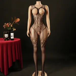 Women's Fitted Black Floral Lace Mesh Corset Lingerie Set - Sexy Bodysuit, Bridal Lace Bra, Backless Cutout, Crotchless Babydoll Jumpsuit, Long Sheer Fabric, Round Neck, Splicing Fishnet Garter Tights, Comfortable Women's Clothes for Valentine's Day