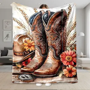 1pc Country Western Theme Pattern Flannel Blanket, Ultra-Soft Cozy Warm Throw, Skin-Friendly Breathable No-Shedding, for Bed, Sofa, Living Room, Bedroom, Office, Travel, Camping, Perfect Gift